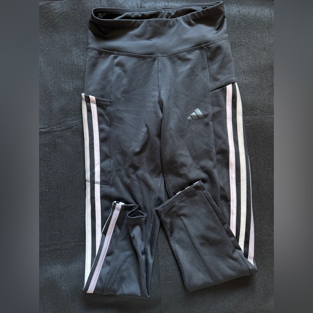 Adidas Kids Black Leggings with Pink Stripes